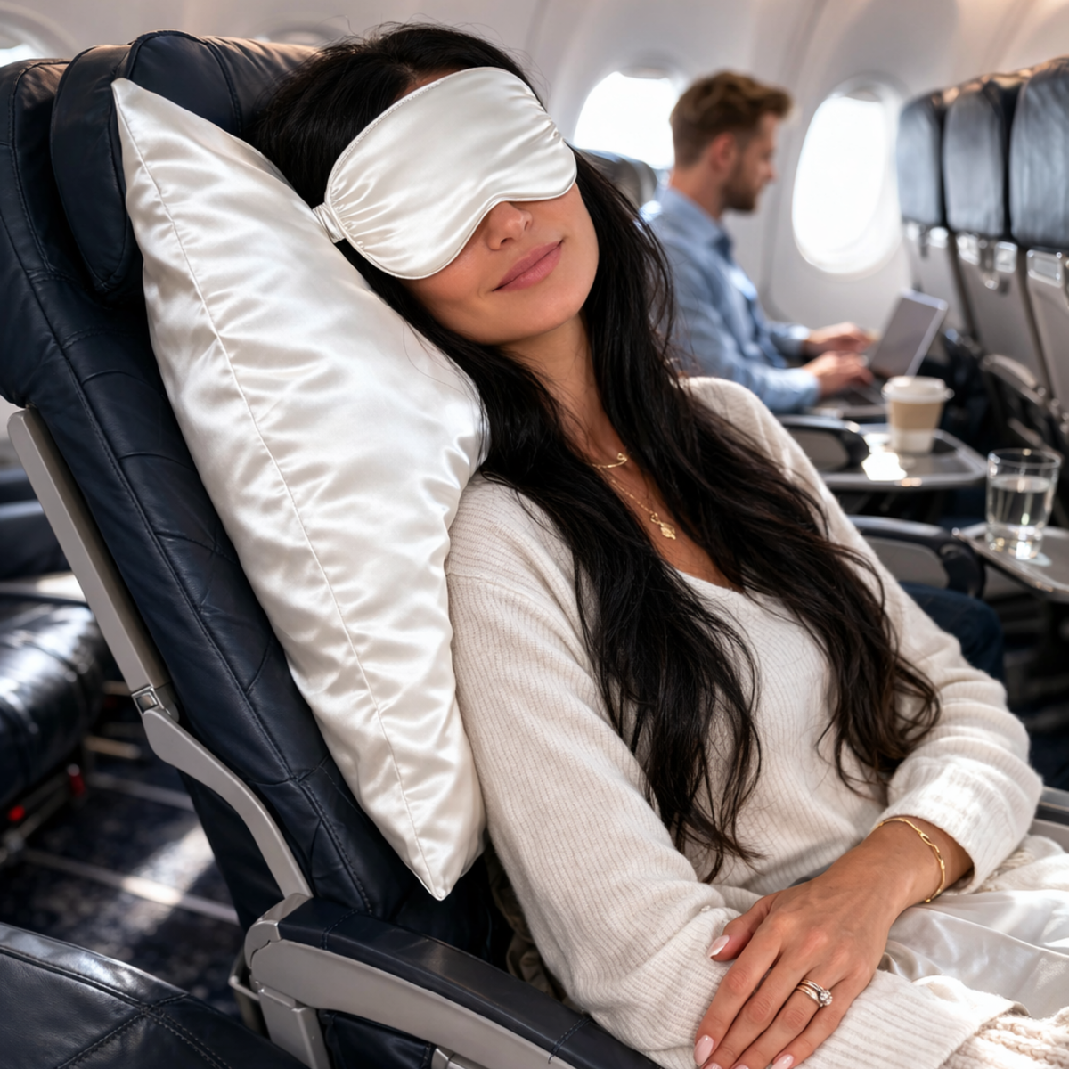Woman sleeping on an airplane with an ivory silk pillow and eye mask, surrounded by airplane interior.