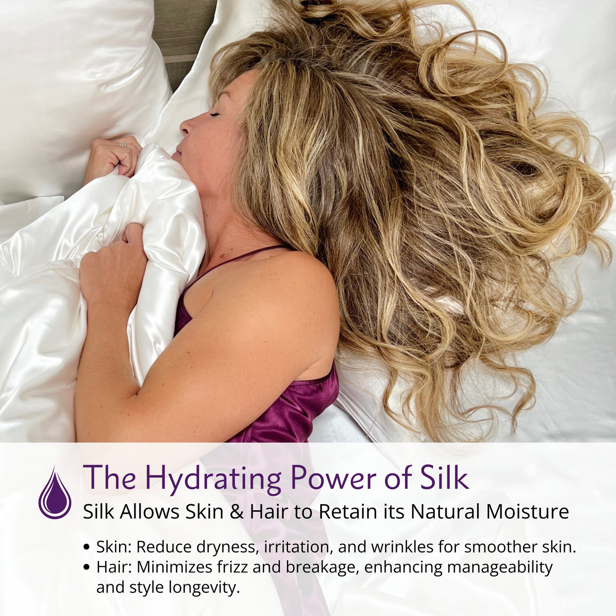 Woman sleeping on ivory silk sheets, showcasing silk’s hydrating benefits for skin and hair