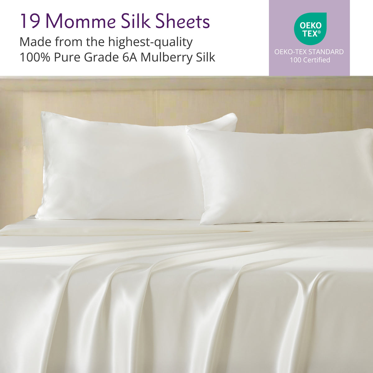 Close-up of smooth, ivory silk sheets made from 19 Momme 100% pure mulberry silk, OEKO-TEX certified