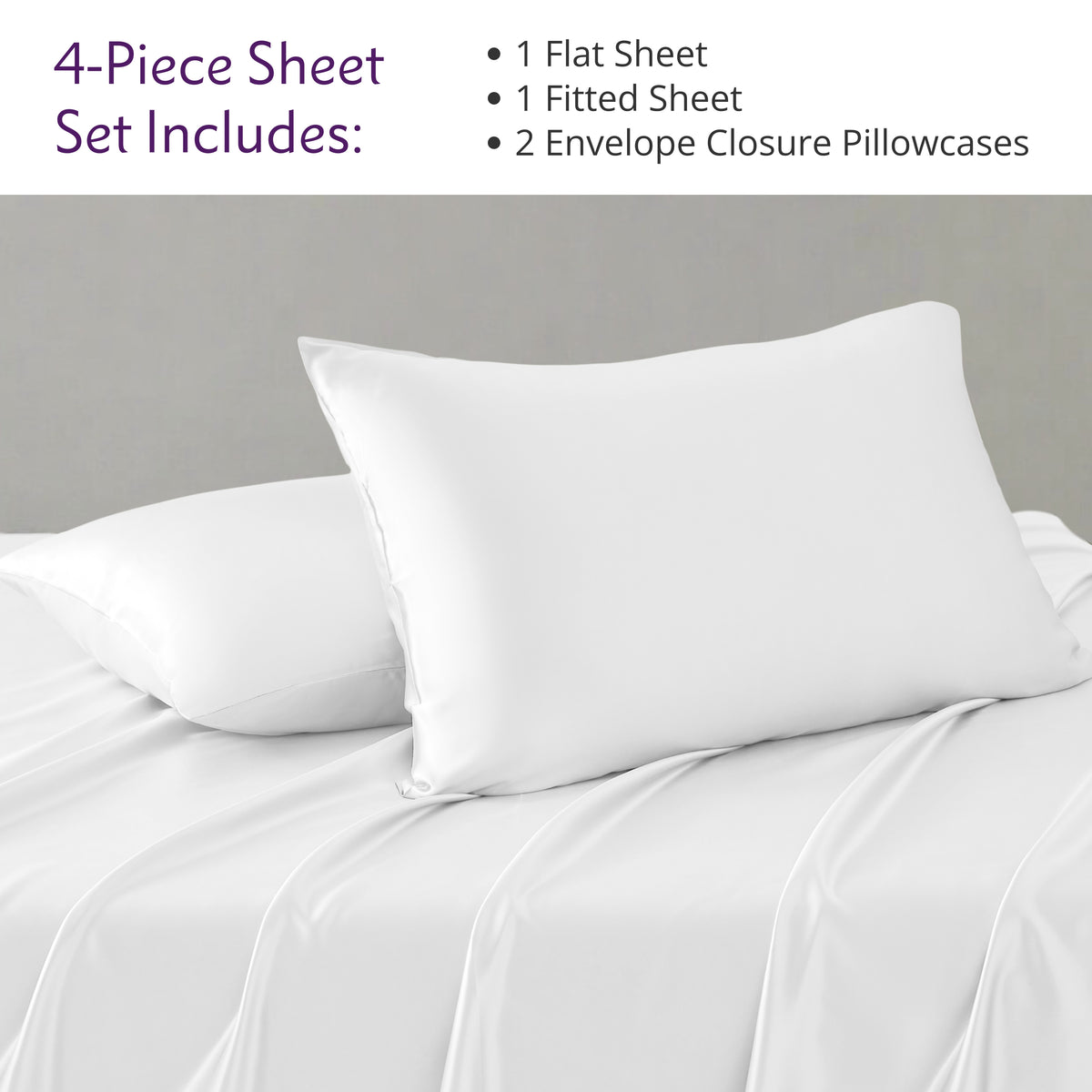 White 4-piece silk sheet set with two pillowcases, a flat sheet, and a fitted sheet on a bed