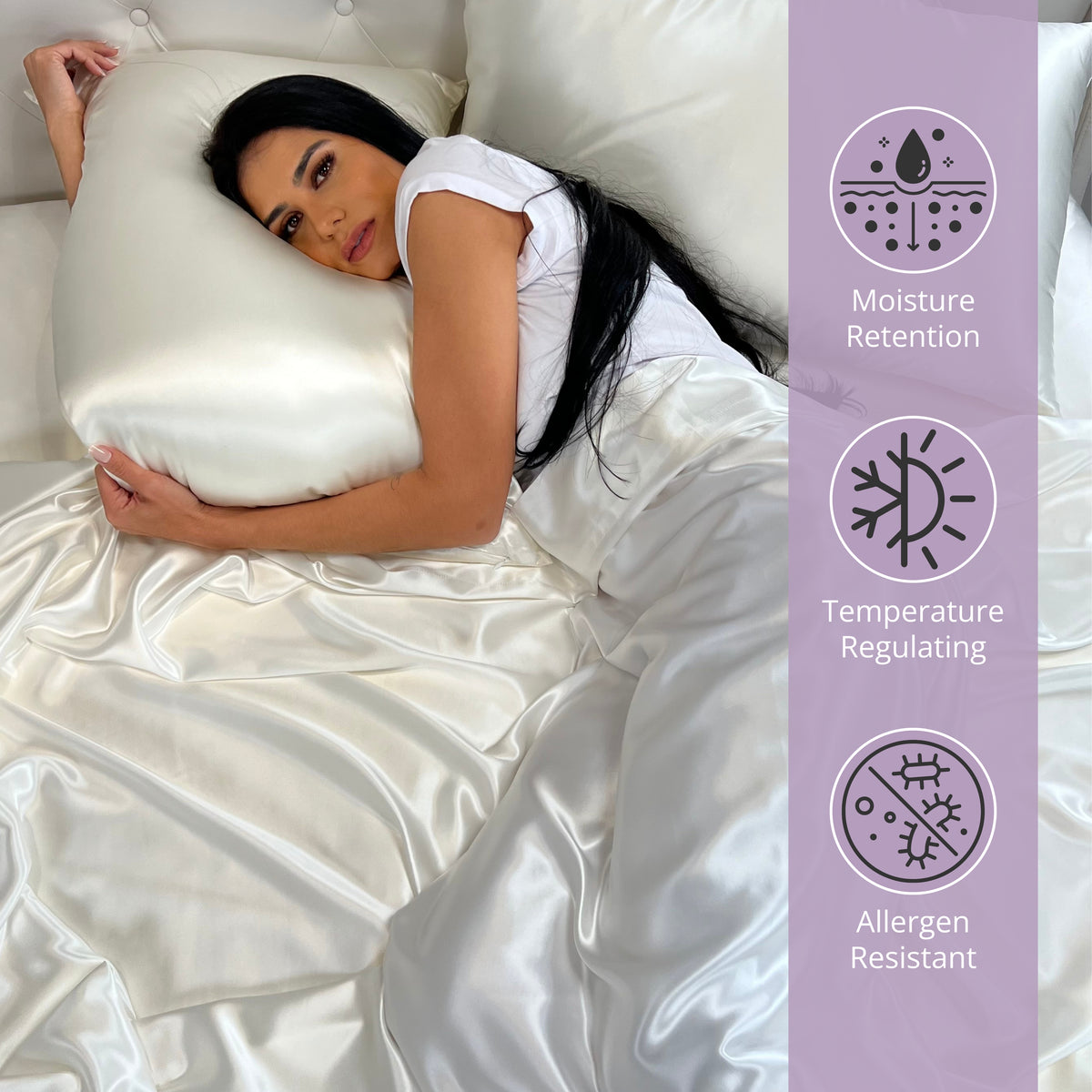 Woman lying on a ivory silk bed sheets, highlighting moisture retention, temperature, & control