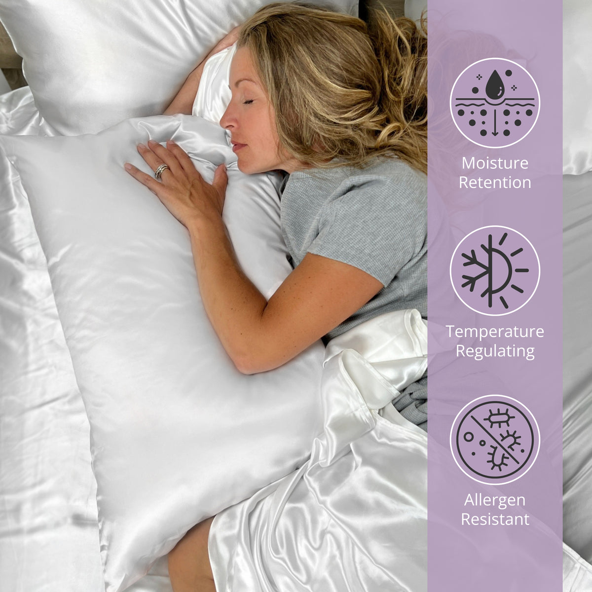 Woman sitting on a white silk bed sheets, highlighting moisture retention, temperature, and control