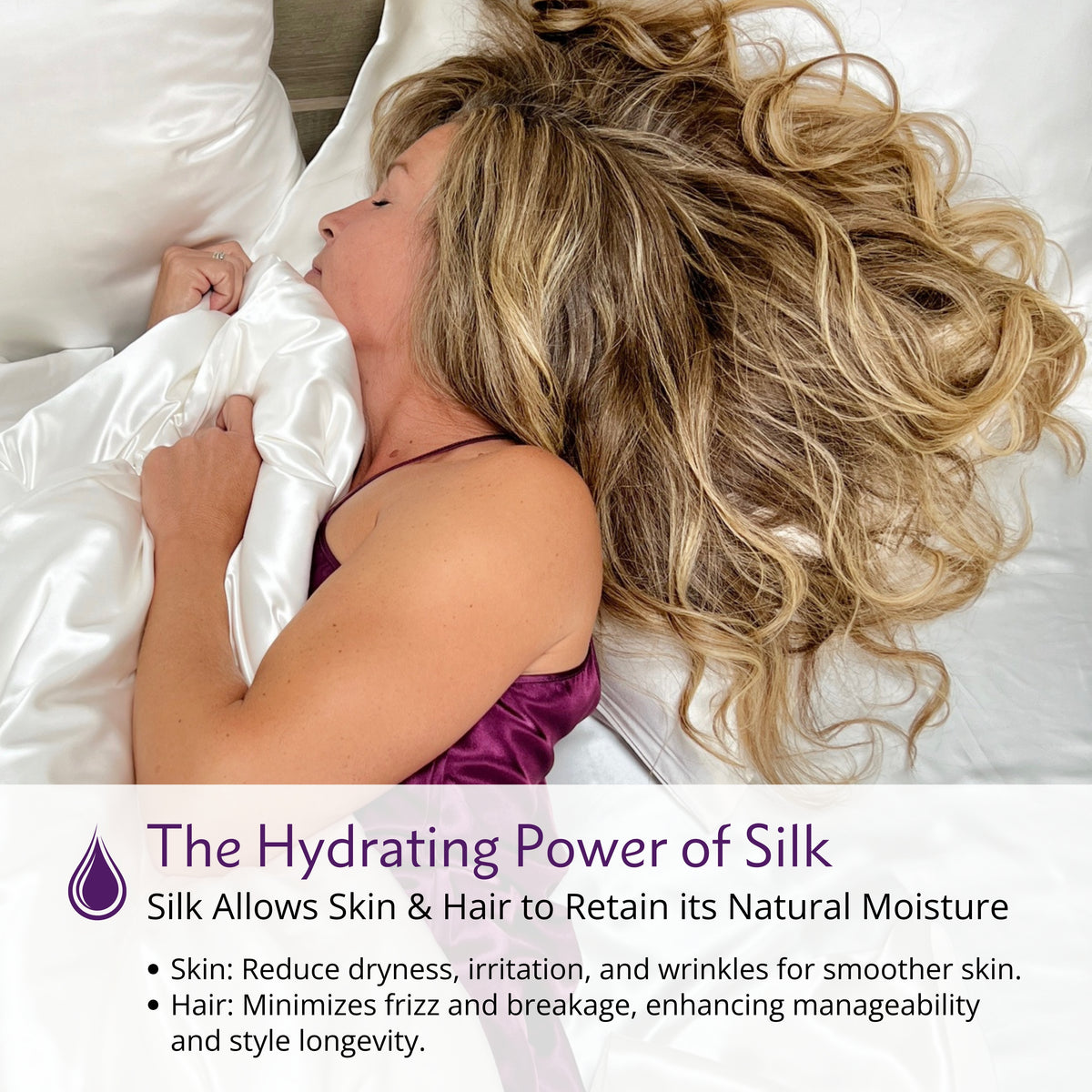 A woman peacefully sleeping on a white silk bedding set, highlighting comfort and hair protection