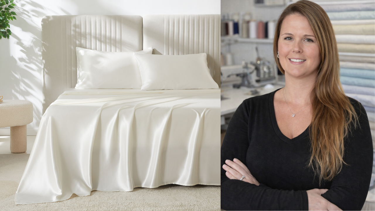 Mulberry Park Silks Brand Manager next to her silk bedding collection