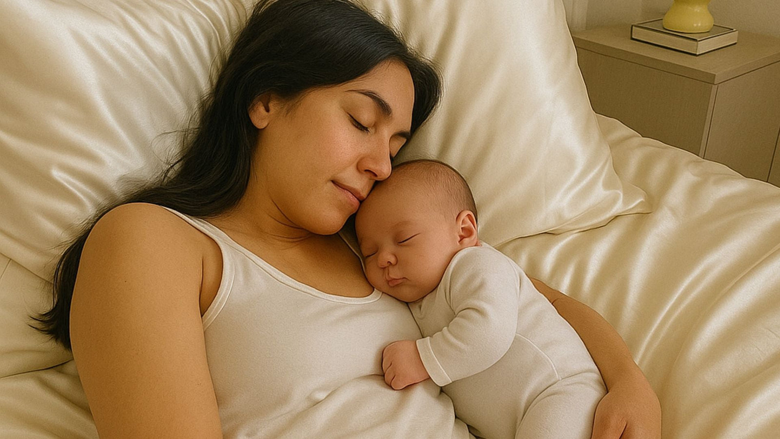 Postpartum Mom and baby on silk pillowcase and sheets