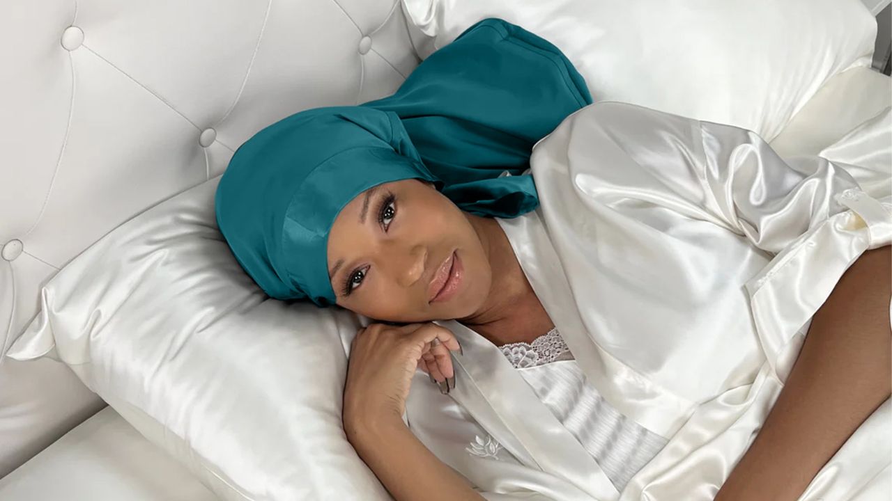 Model Wears Silk Bonnet in Teal