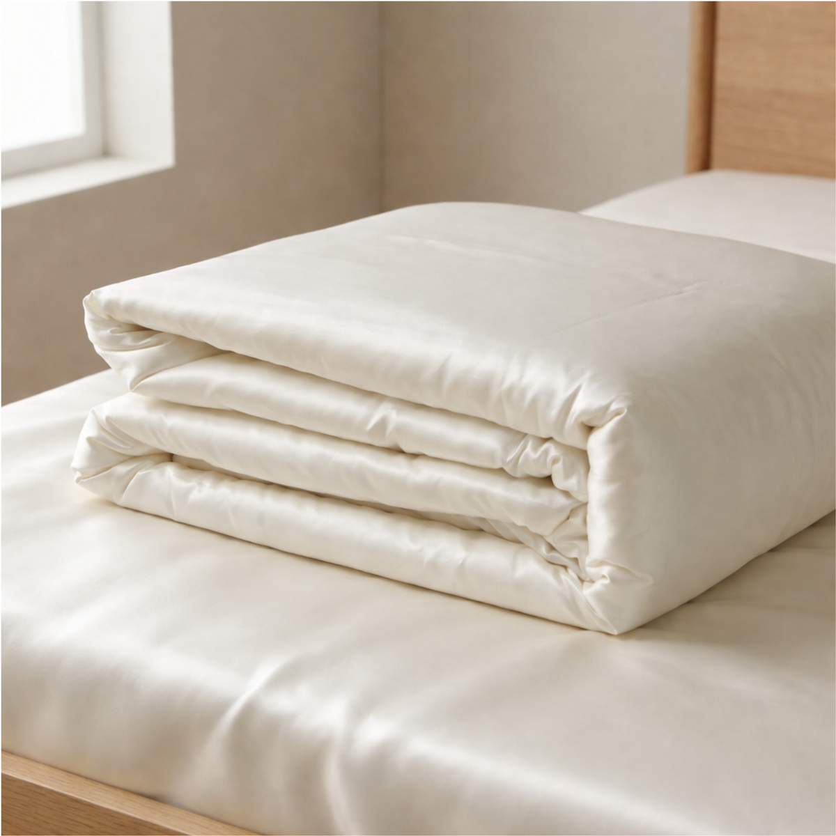 A neatly folded cream-colored satin comforter is placed on a matching satin sheet on a wooden bed near a window with natural light.