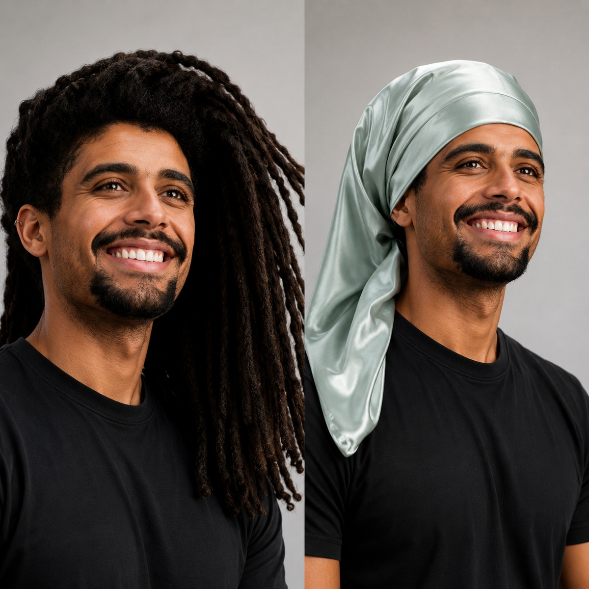 A man with long dreadlocks is shown; on the right, his hair is wrapped in a reversible silk bonnet.