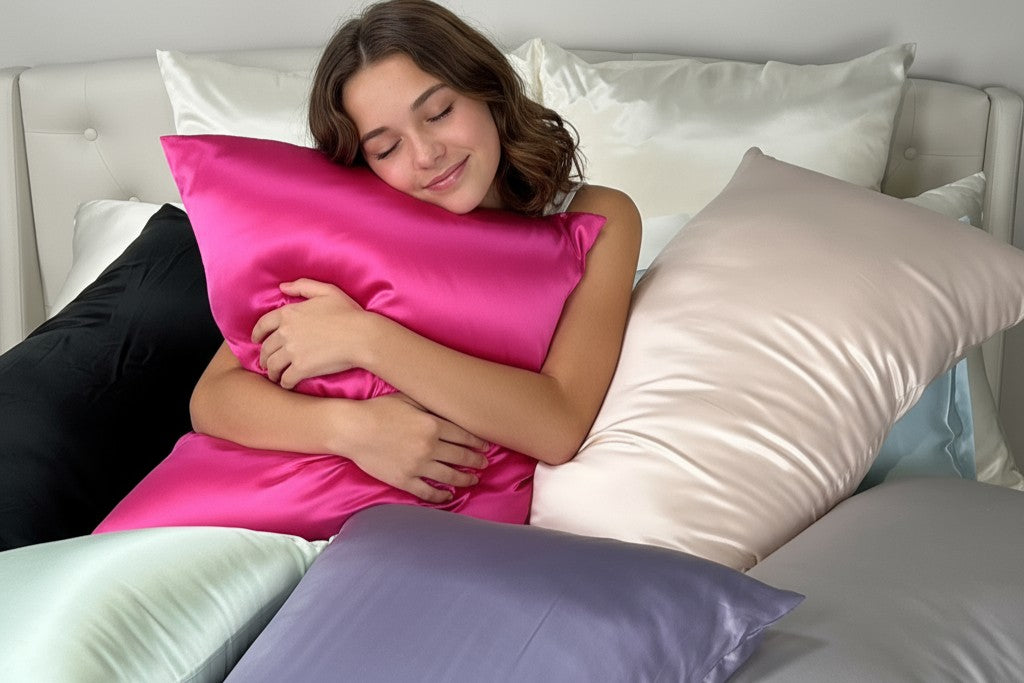 Teen girl holding a pink pillow in a bedroom setting