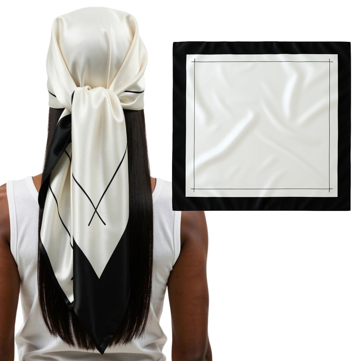 A person wears a black and white mulberry silk bandana; scarf is also shown flat with a printed border and thin lines.