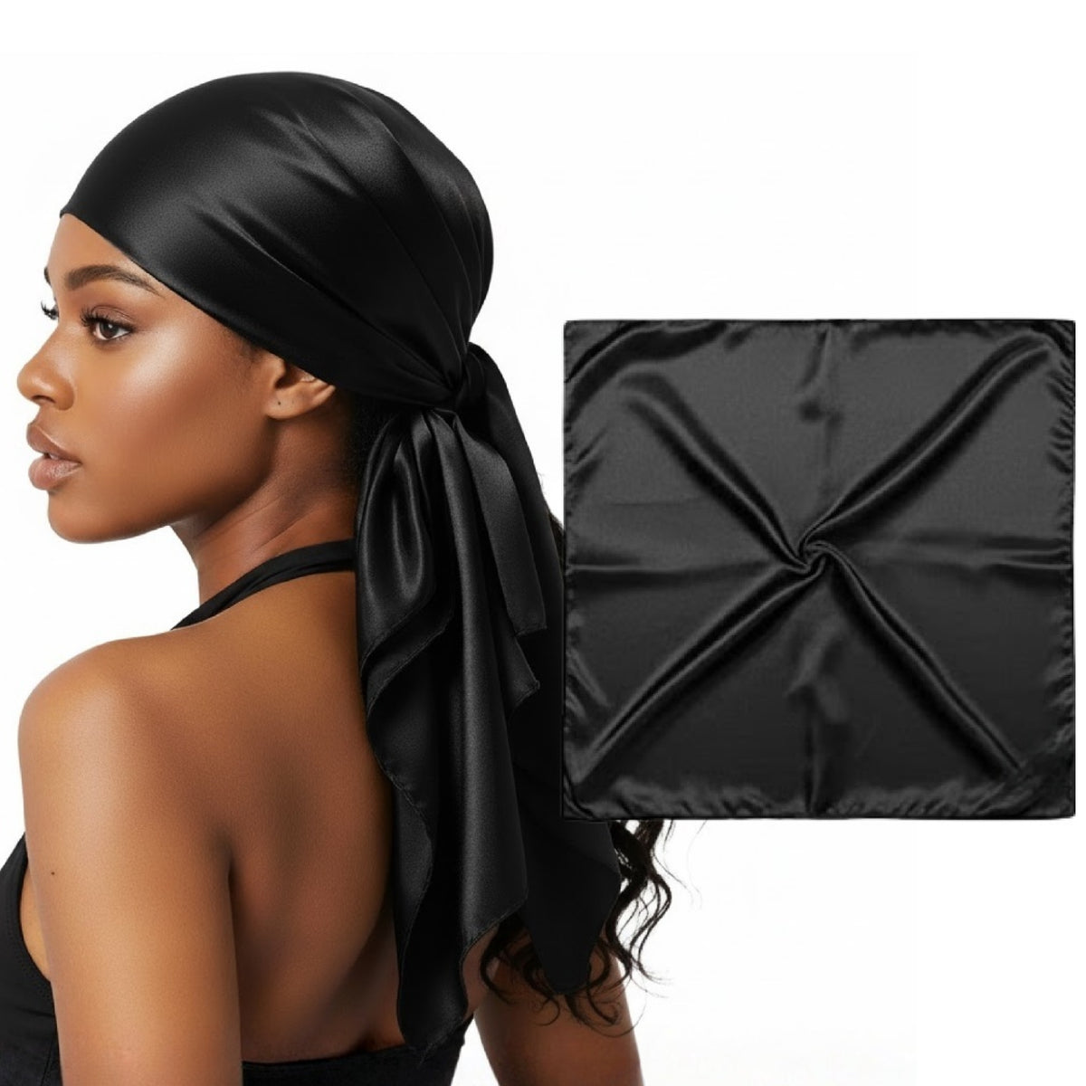 A woman in a shiny black satin hair wrap, beside a flat mulberry silk scarf displayed on a white background.