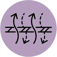 Black icon of arrows moving up and down through lines on a purple circle, indicating silk breathability.