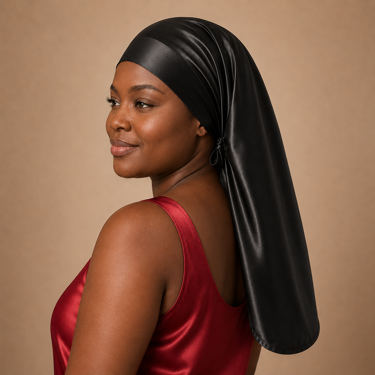 Woman in a red top with a long black silk sleep bonnet looks over her shoulder against a beige background.
