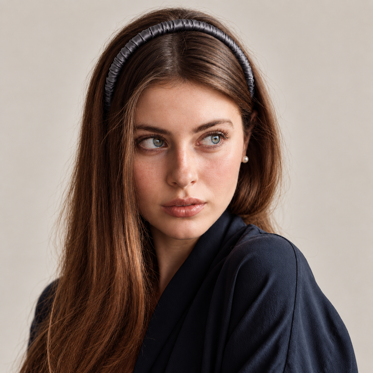 Woman with long brown hair, wearing a mulberry silk headband and navy top, looks to her left against a neutral background.