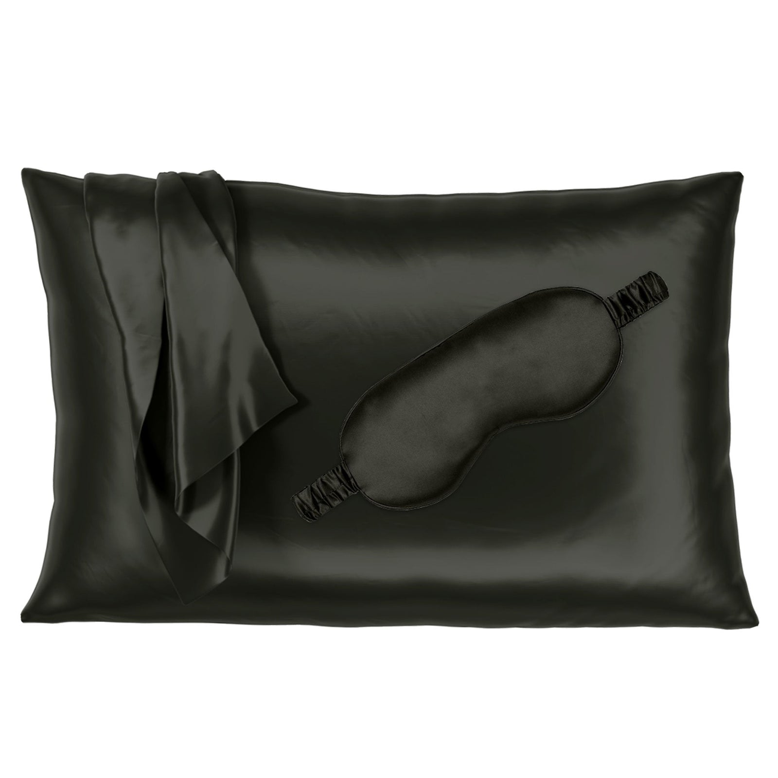 Black silk pillowcase with matching sleep mask, offering a smooth and luxurious