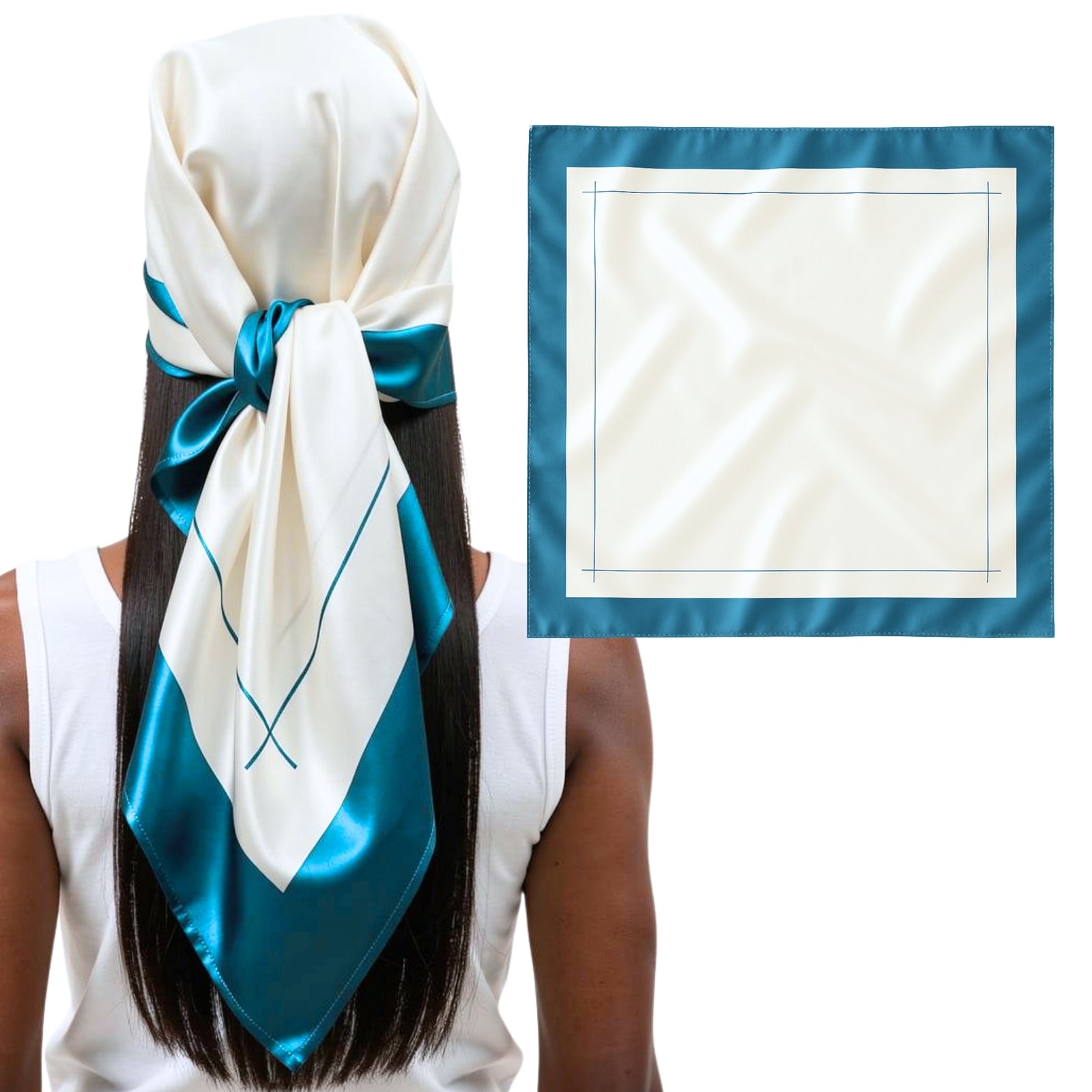 A person wears a cream and teal mulberry silk scarf bandana; a flat view of the scarf is shown beside them.