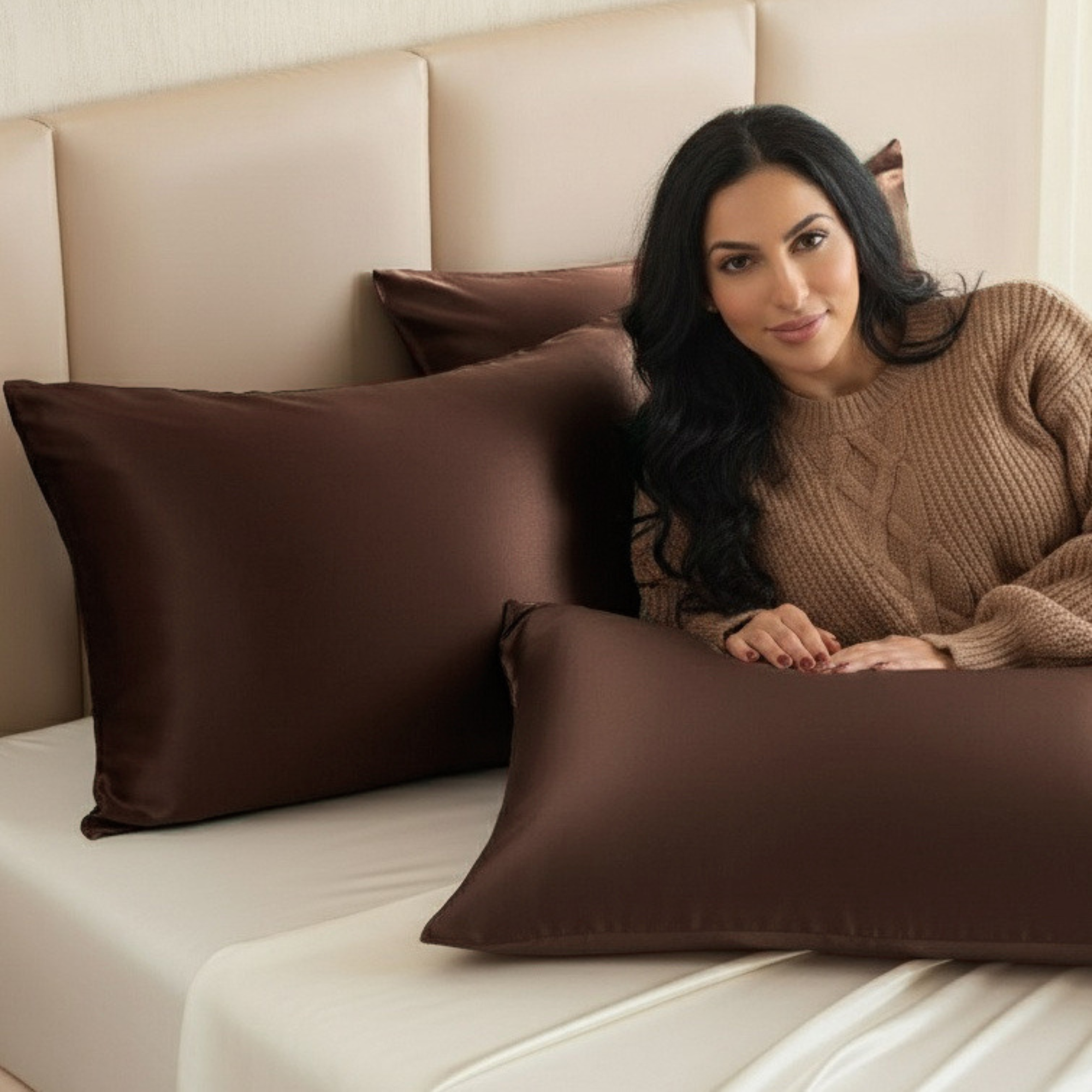 A brown silk pillowcase with the packaging box in front, on a white background