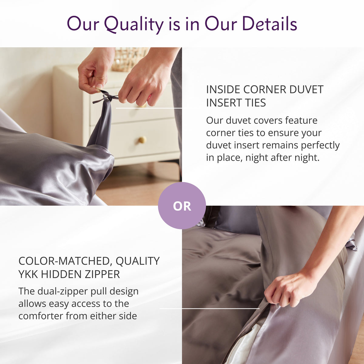 Bedding product with corner ties and YKK zipper, emphasizing quality details.