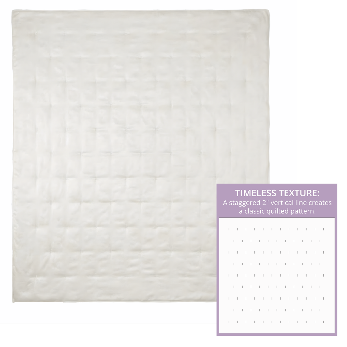 A white silk bedspread with a 2-inch staggered vertical line quilted pattern; text box explains the classic design.