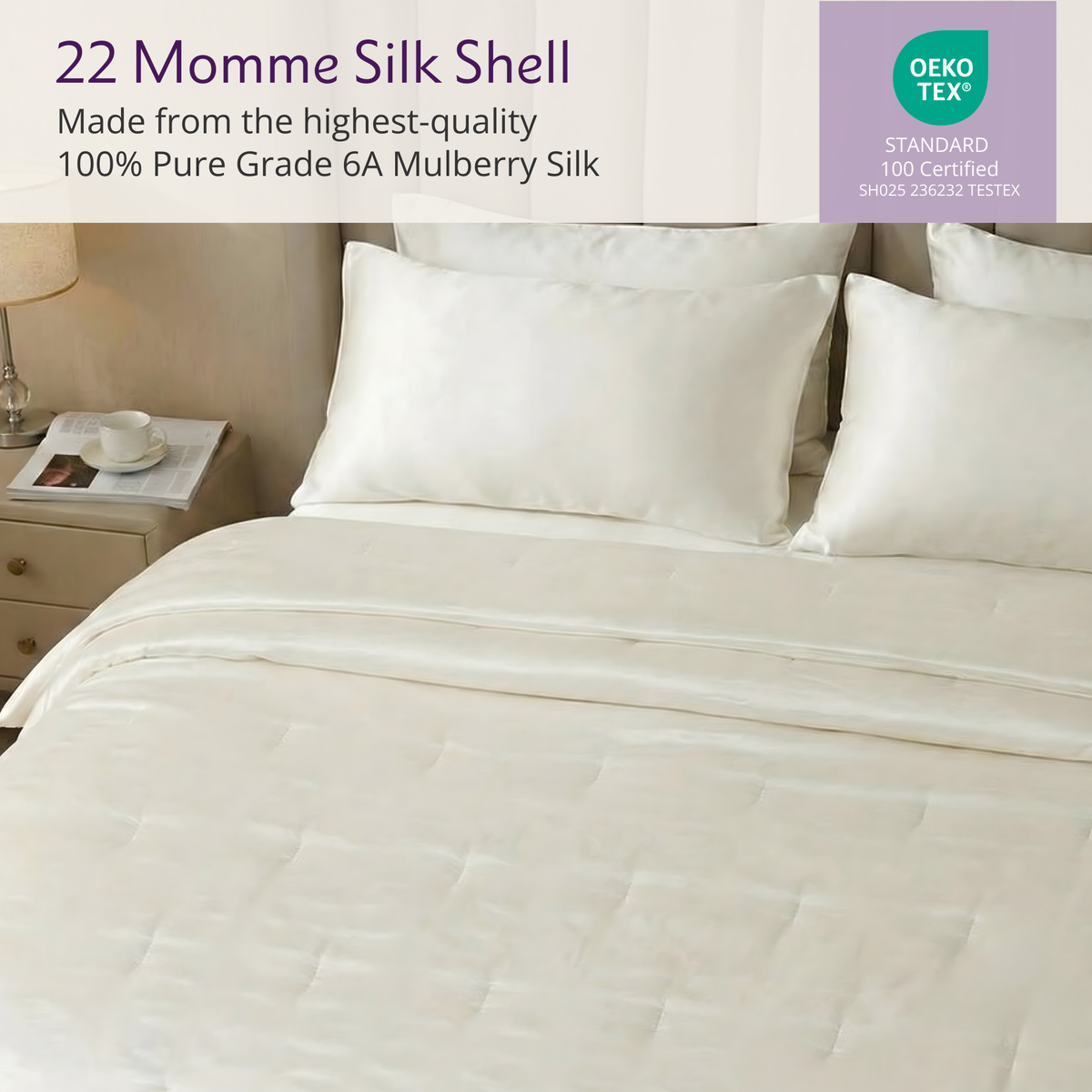 White mulberry silk bedding set with two pillows and a silk bedspread, labeled as 22 Momme Mulberry Silk.