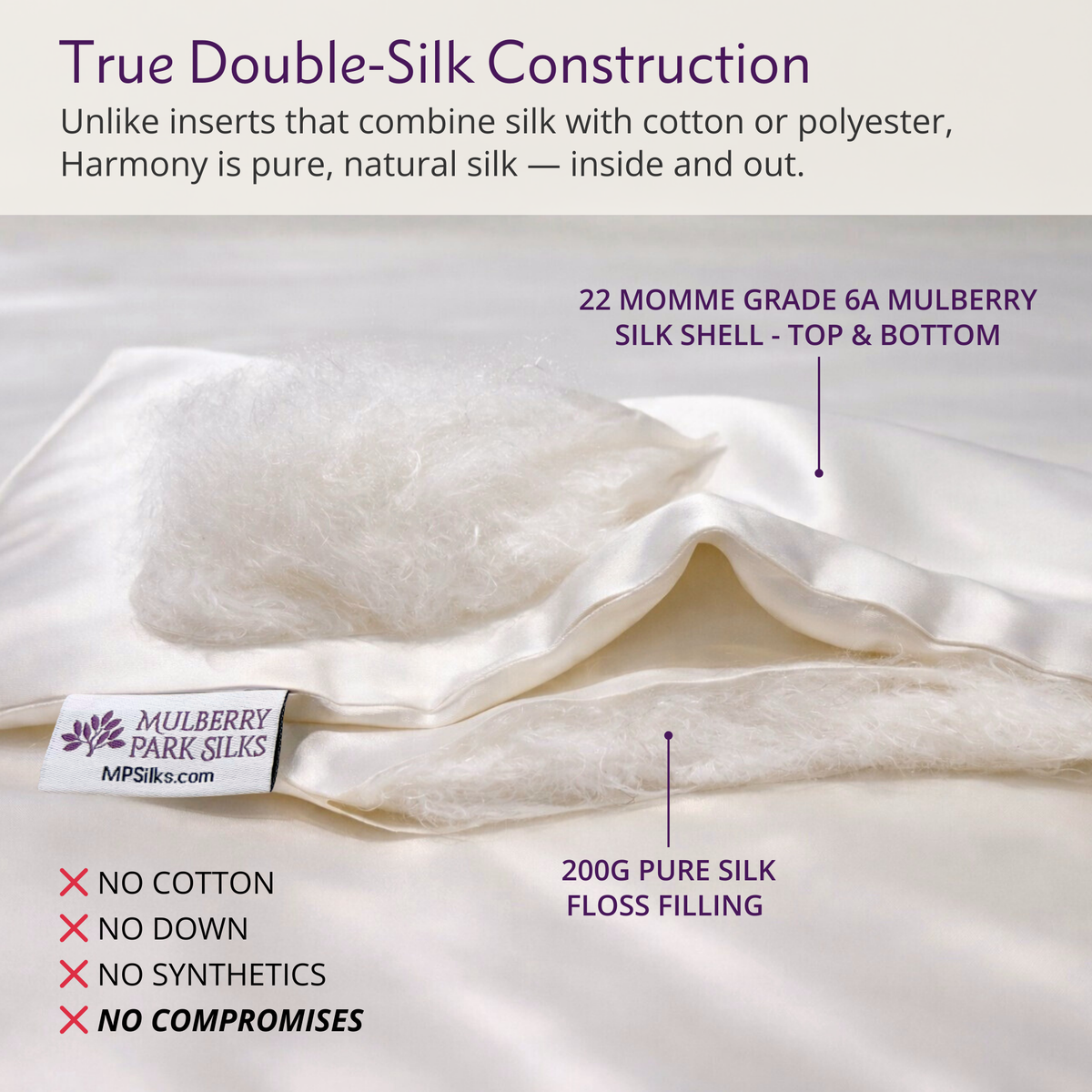 A charmeuse silk pillow with a visible opening reveals white filling and a Mulberry Park Silks tag with text labels.