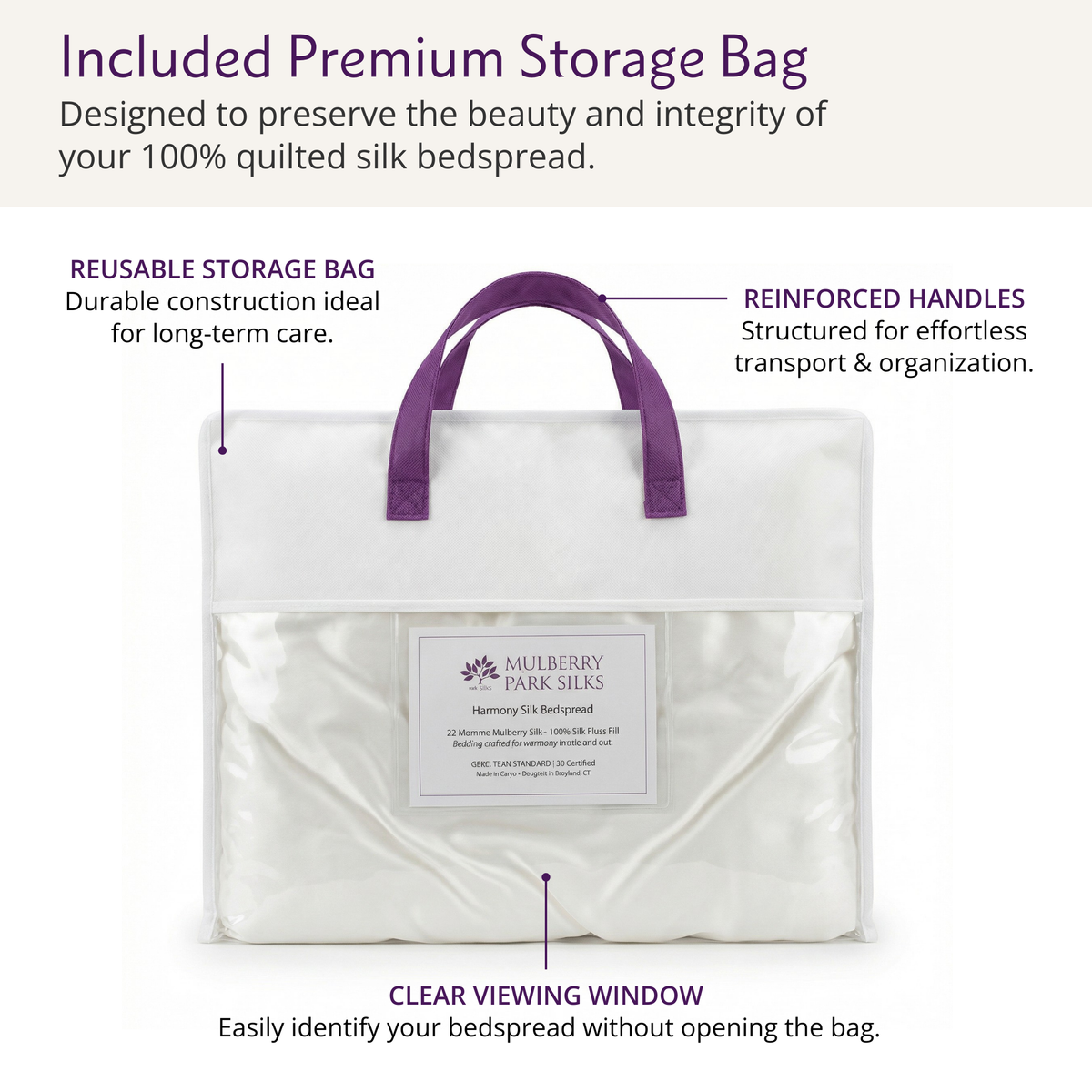 White mulberry silk storage bag with purple handles, clear window, and label—perfect for storing your silk bedspread.
