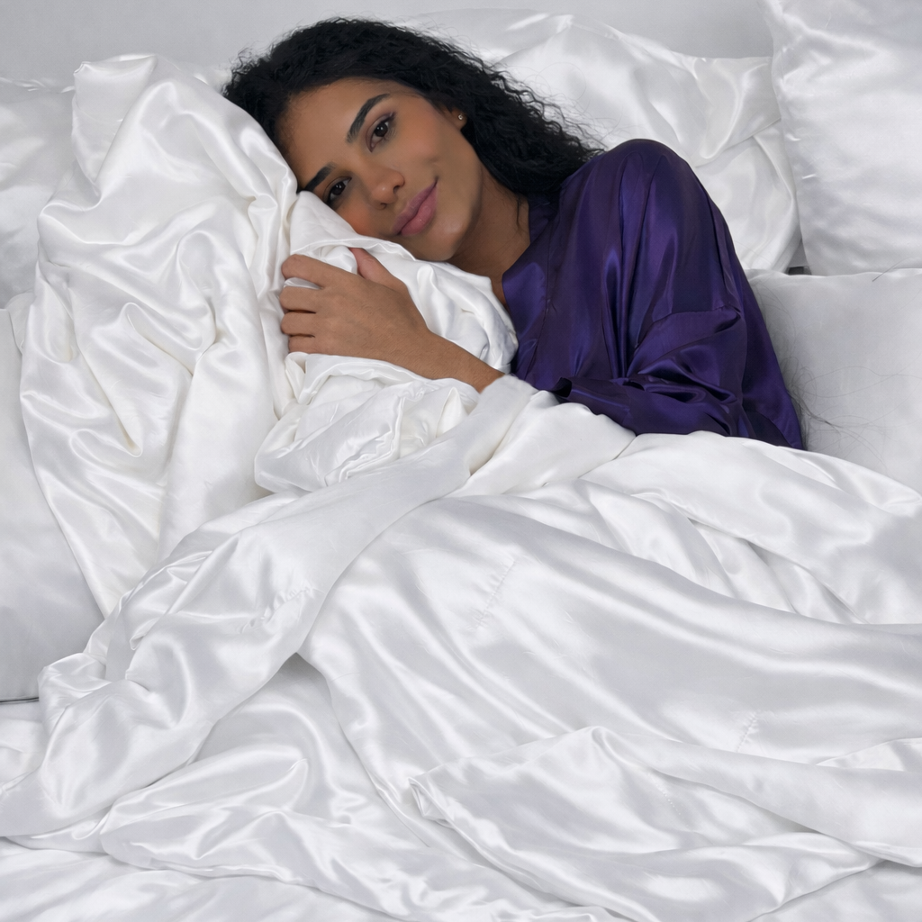 Woman in a purple robe lying in bed with a white silk comforter