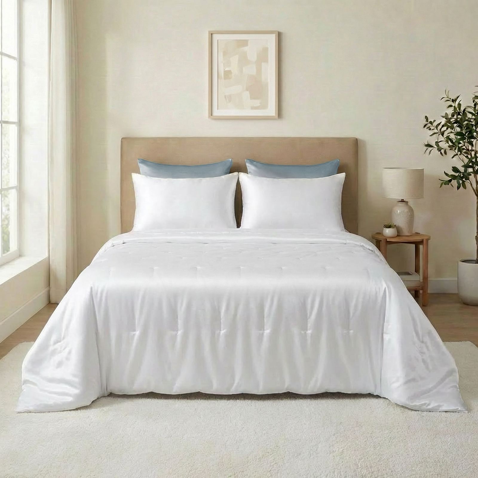 A neatly made bed with a Mulberry silk bedspread, two pillows, nightstands, a lamp, and a potted plant in a neutral-toned bedroom.