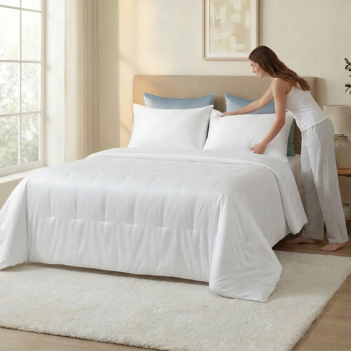 A woman in white pajamas makes a neatly covered bed with a Mulberry silk bedspread in a bright, tidy bedroom.