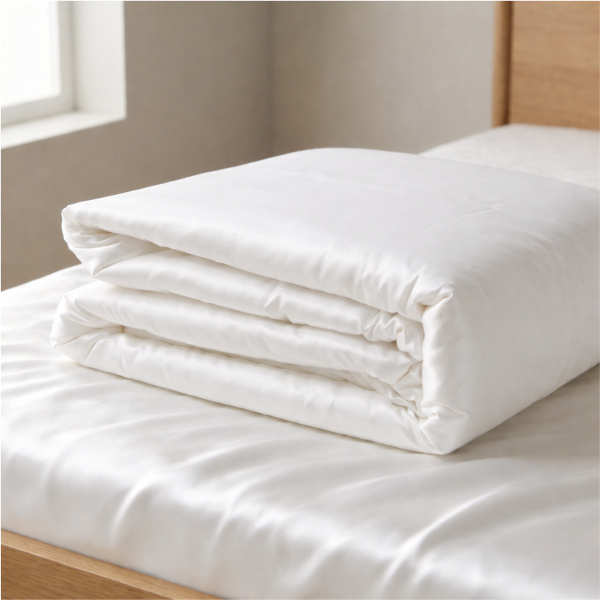 A neatly folded Mulberry silk comforter placed on top of a white bed in a sunlit bedroom.
