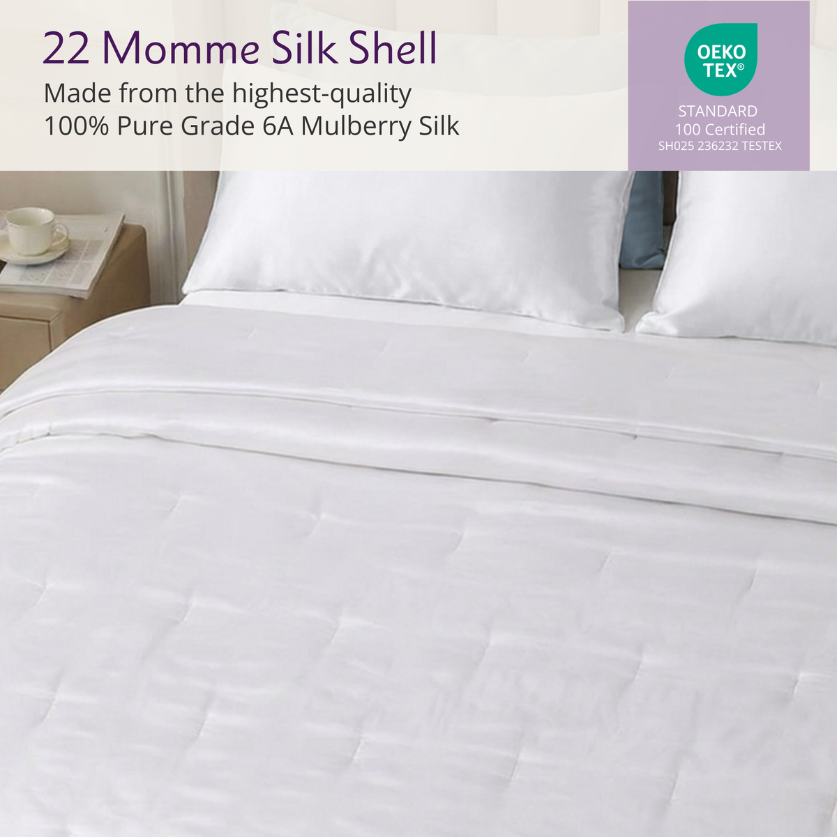 White silk bedspread on a neatly made bed, crafted from 22 Momme Mulberry silk with OEKO-TEX certification.
