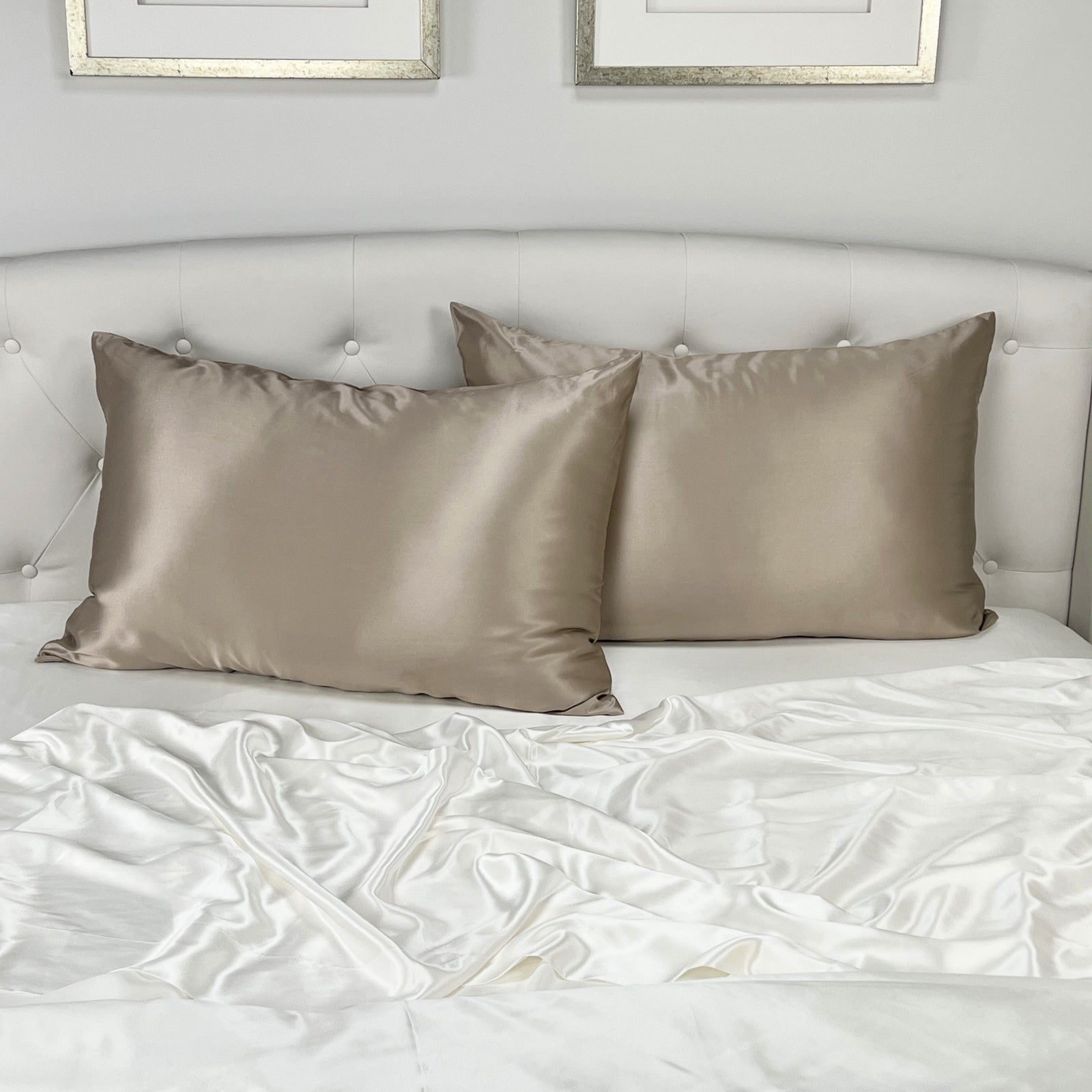 Taupe Silk Pillowcase with a Smooth, Glossy Finish, Placed on the Headboard Bed