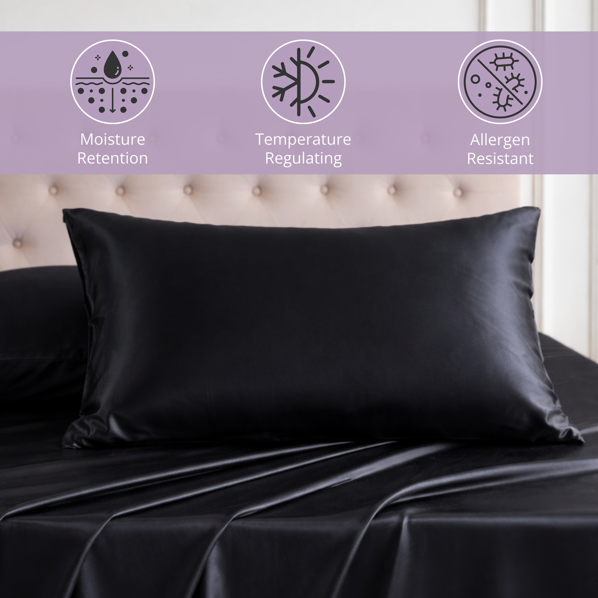 A black Mulberry silk pillowcase and bedsheet set, ideal for hair and skin, with moisture, temp, and allergen benefits.
