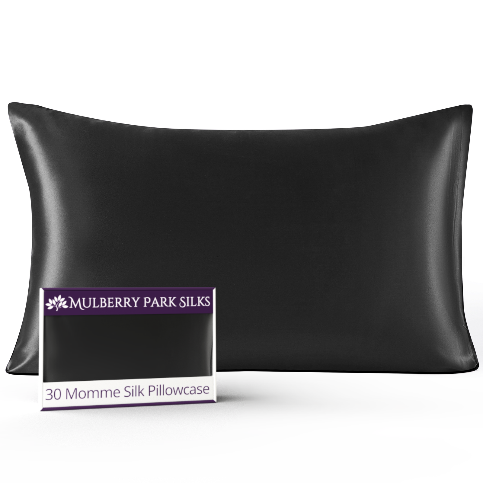 A black Mulberry silk pillowcase (30 momme silk) for hair and skin, with a labeled Mulberry Park Silks package.