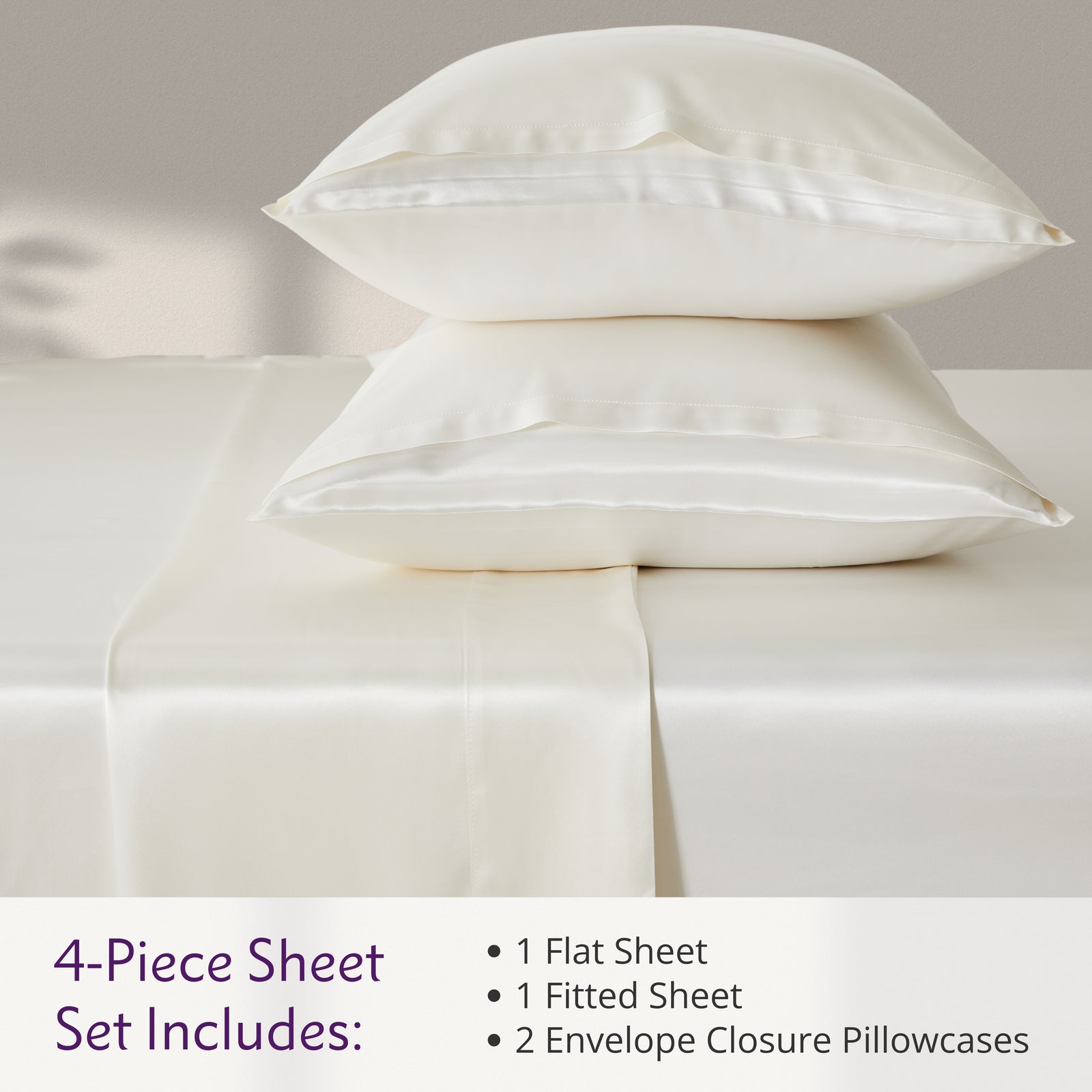 Luxurious 19 momme mulberry silk sheets with pillowcases, offering a soft, smooth, and glossy finish