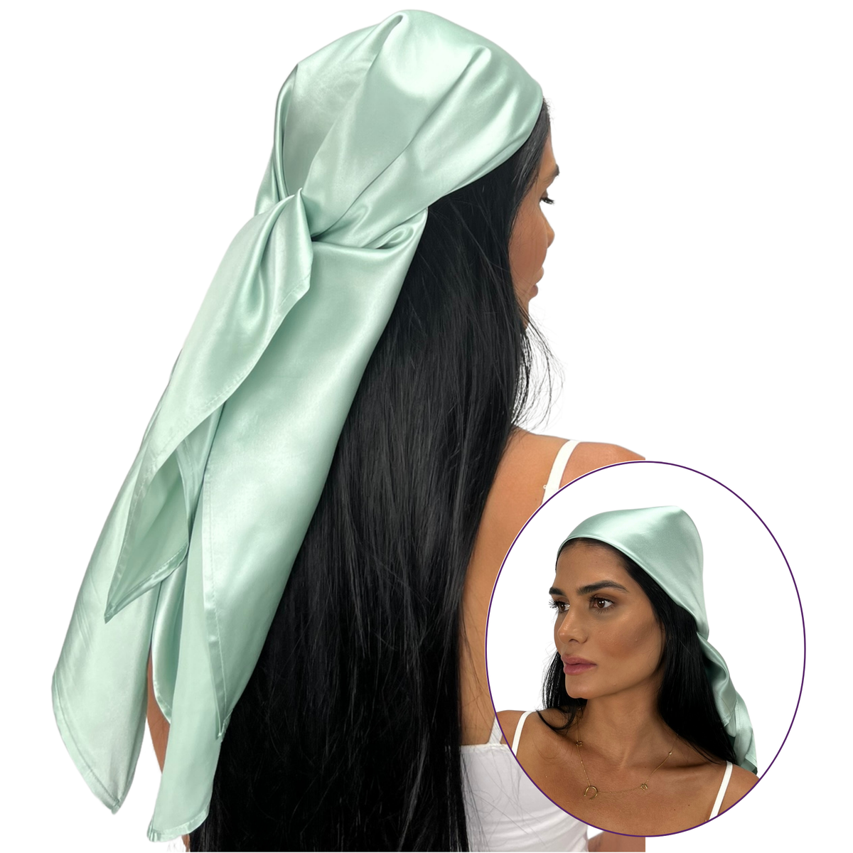 Woman with long dark hair wearing a light green silk headscarf, shown from the back and front in an inset circle.
#color_green