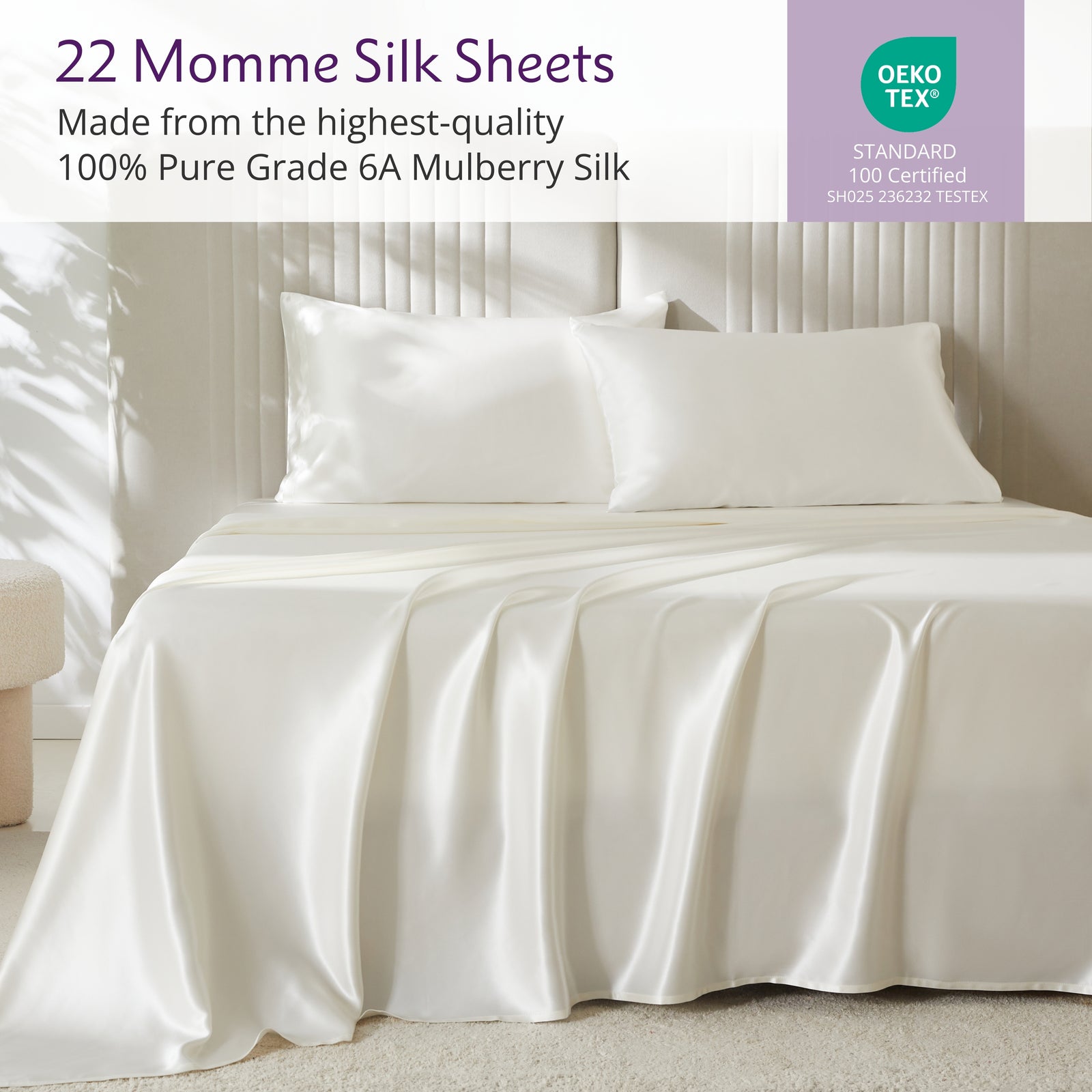 Elegant 22 Momme Silk Sheets Set in Silver color displayed on a beautiful bed with silk pillows