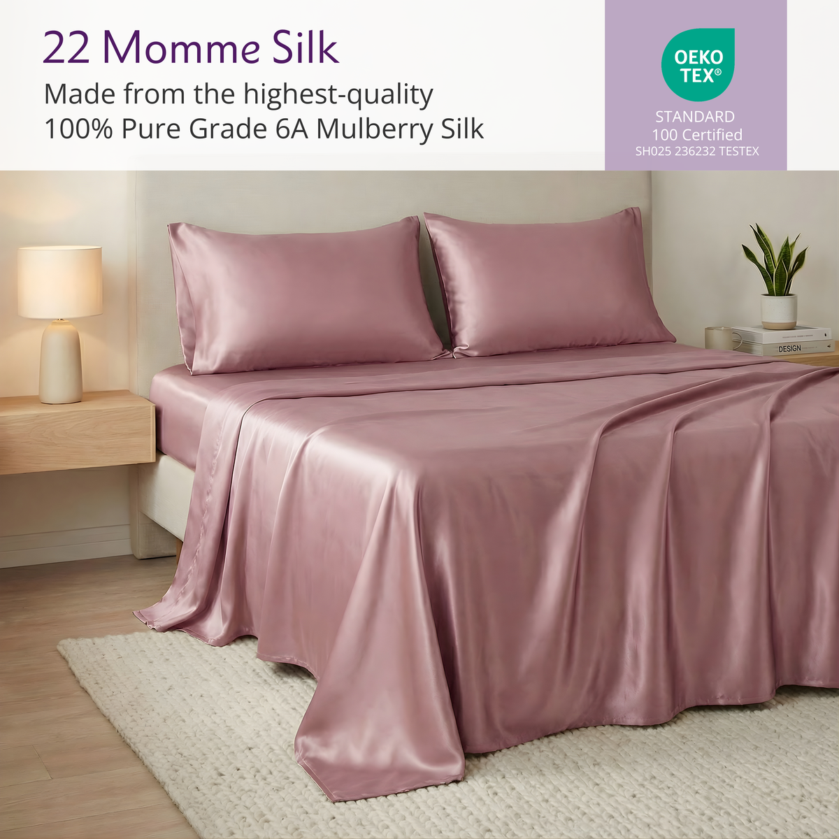 A bed with pink 22 momme Mulberry silk sheet set, plus pillows, nightstand, lamp, and plant—luxury for skin and hair.
