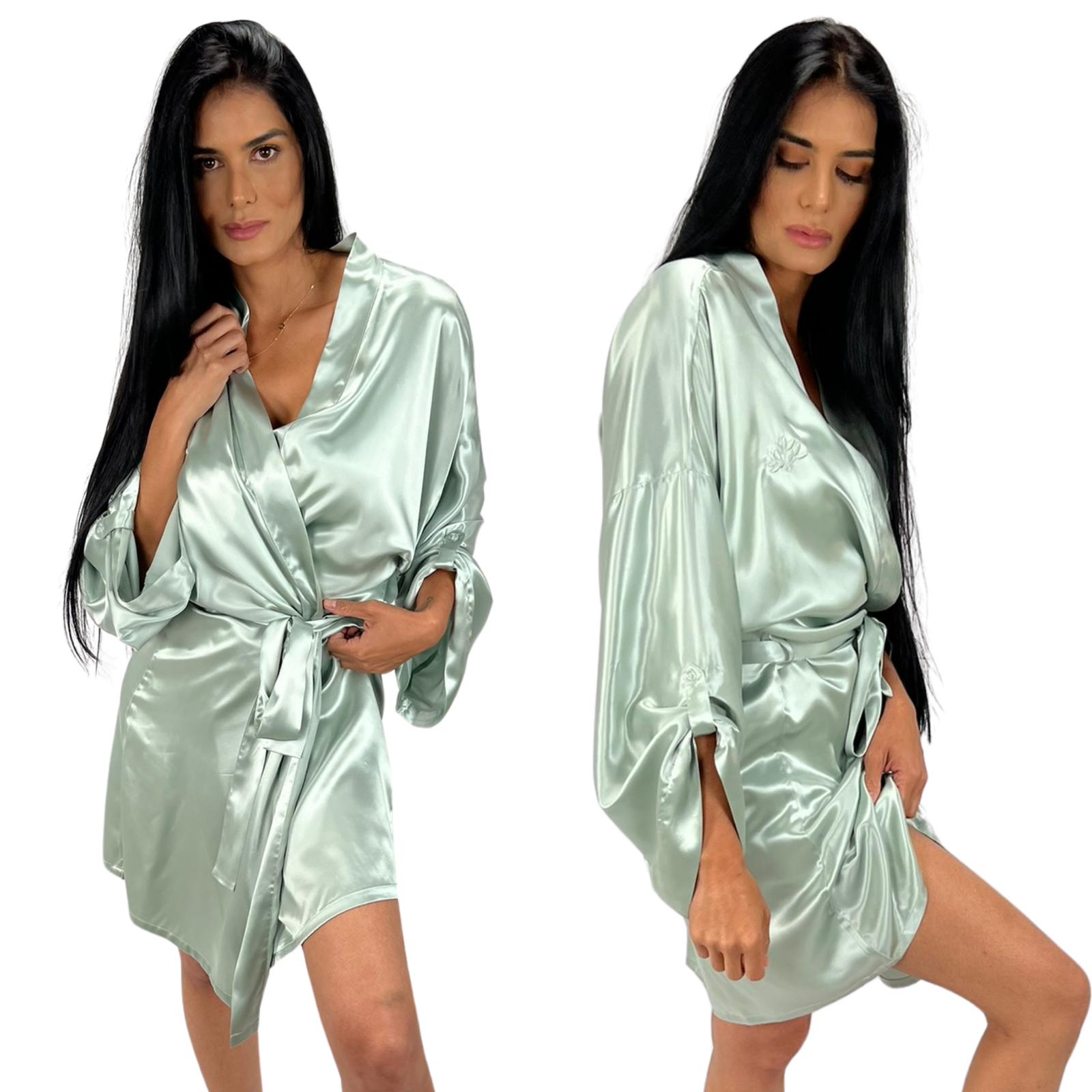 Model wearing a sage female robe, showcasing to show the front and side views 