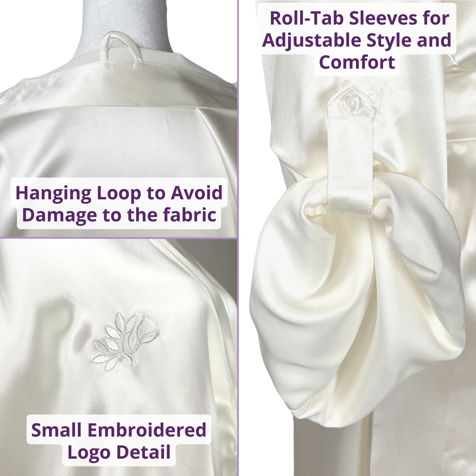 Model wearing a ivory female robe, showcasing to show the front and side views 