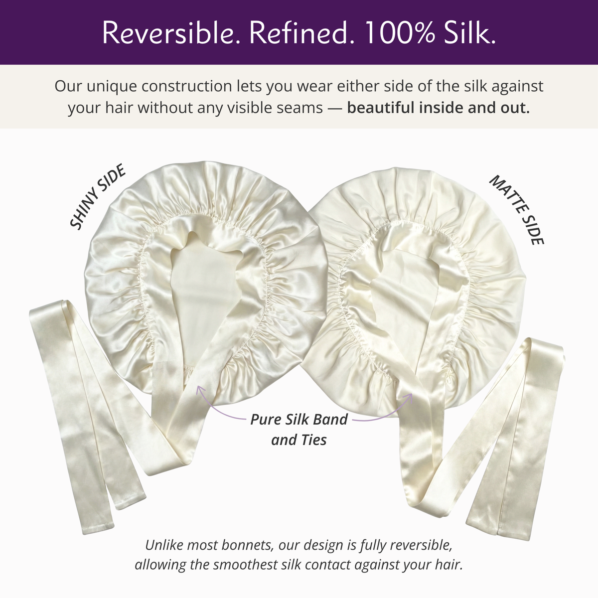 Silk bonnets with shiny and matte sides and a pure silk band and ties on a white background.