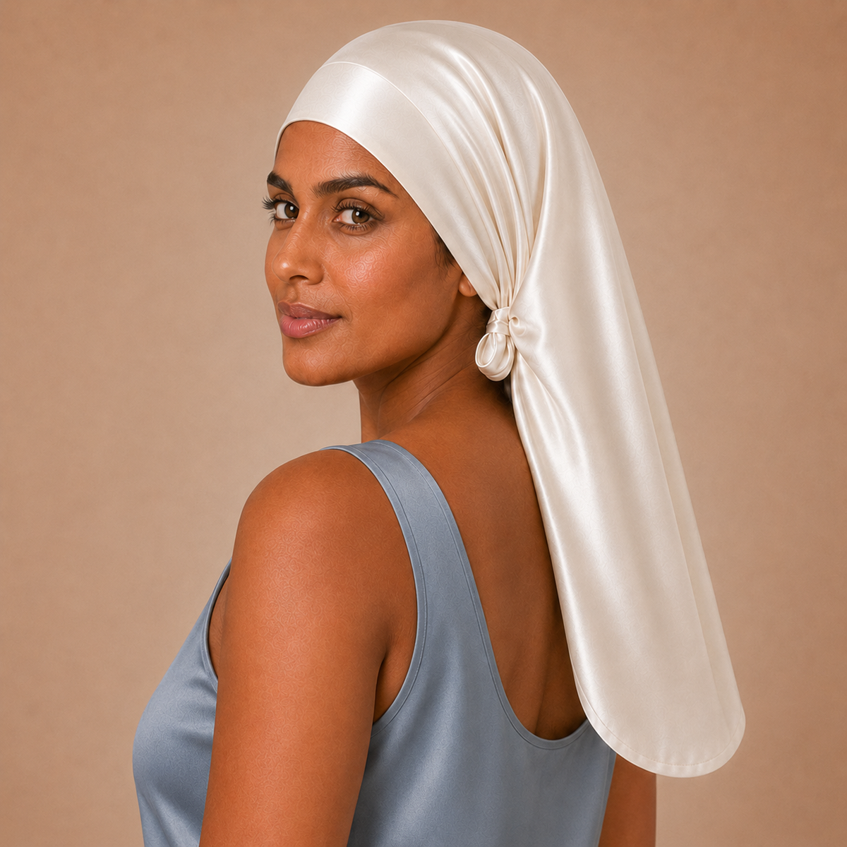 Woman in a blue sleeveless top wears a long, glossy cream-colored headscarf for hair protection, looking over her shoulder.