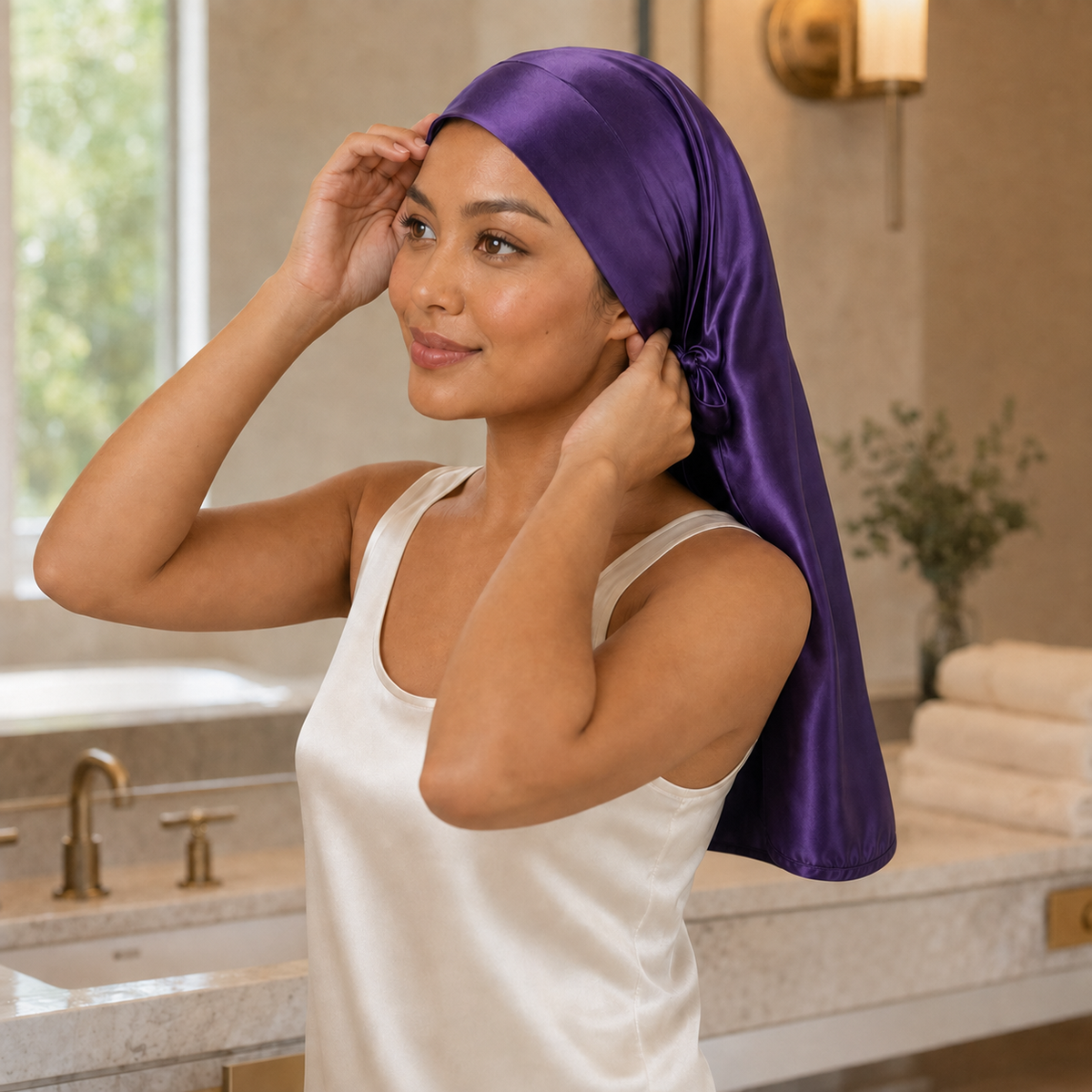 Woman in a white tank top adjusts a shiny purple mulberry silk bonnet in a bathroom with soft lighting.