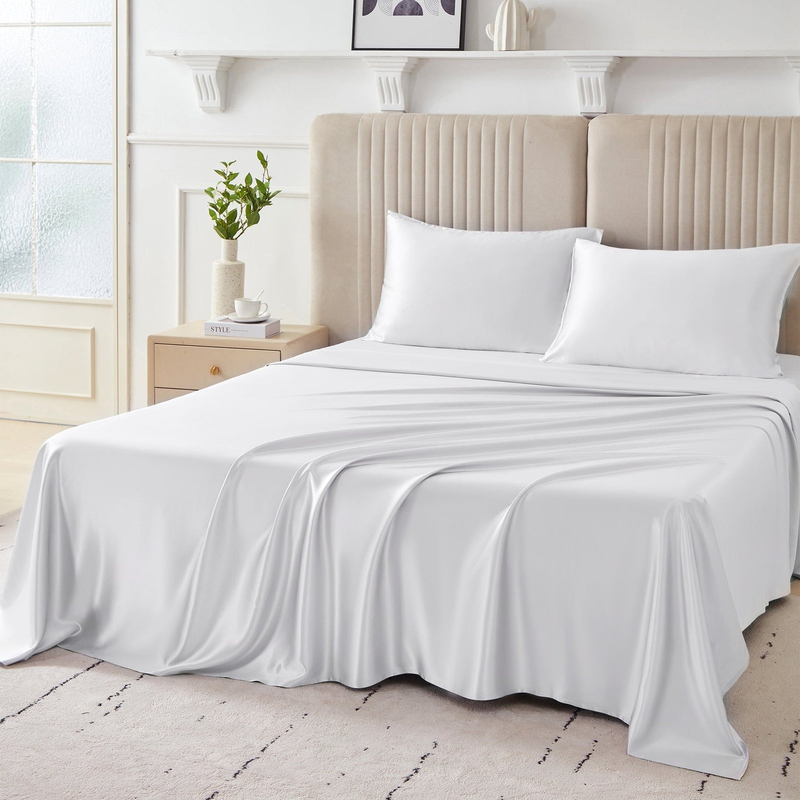 Elegant 22 Momme Silk Sheets Set in White color displayed on a beautiful bed with silk pillows