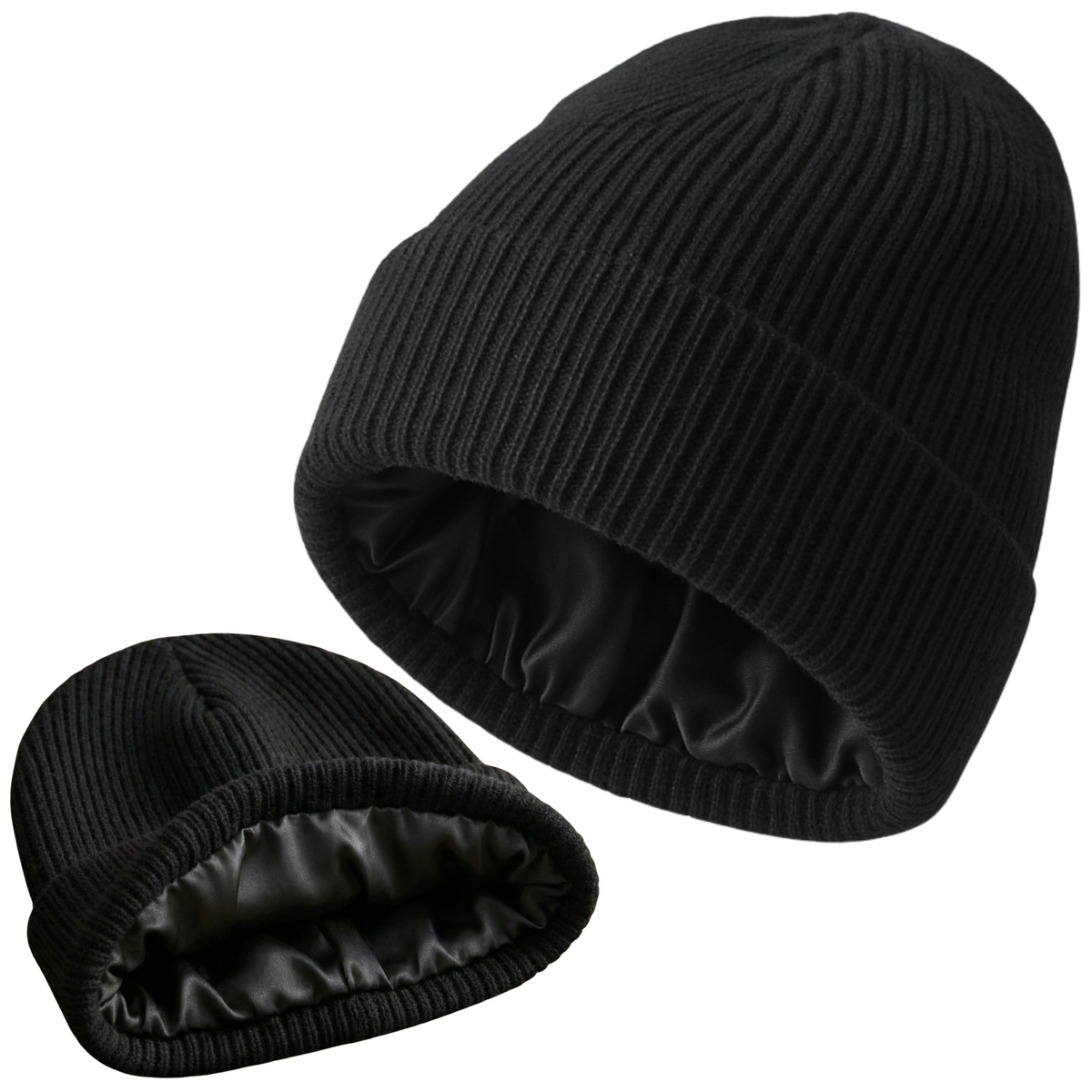 Two black knit beanies on a white background