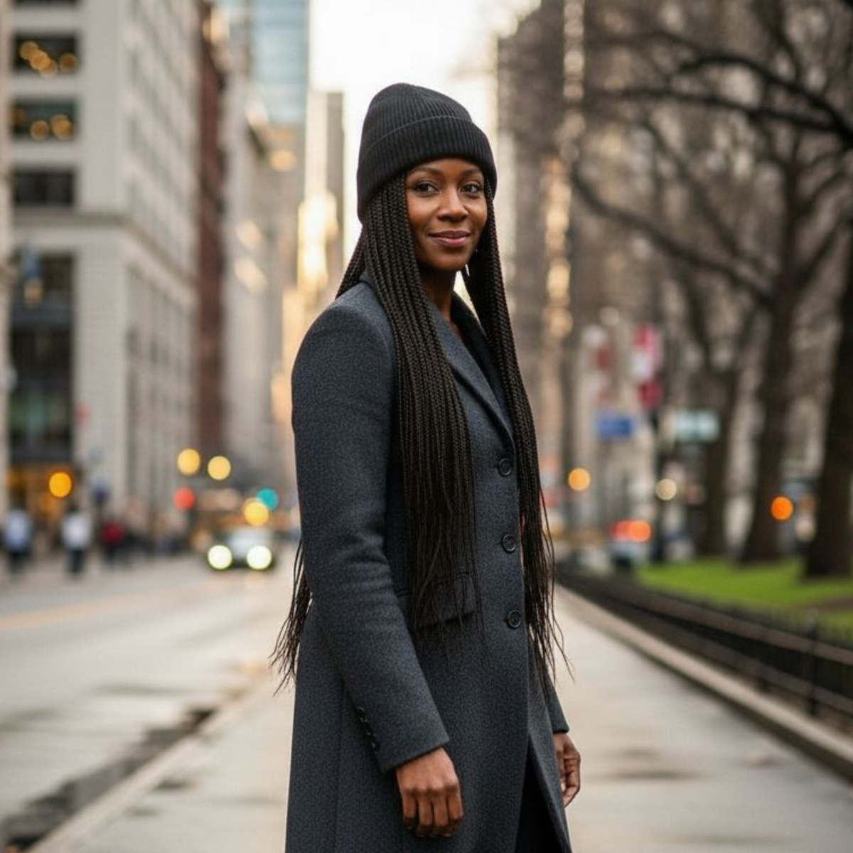 Woman in a long coat and black beanie standing on a city street.