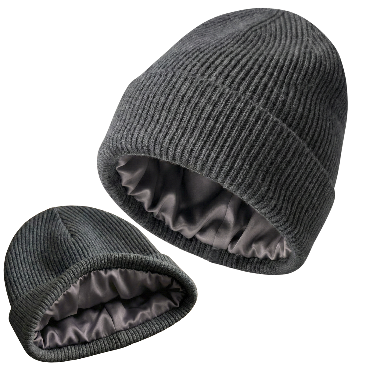 Two gray knit beanies with silk lining on a white background