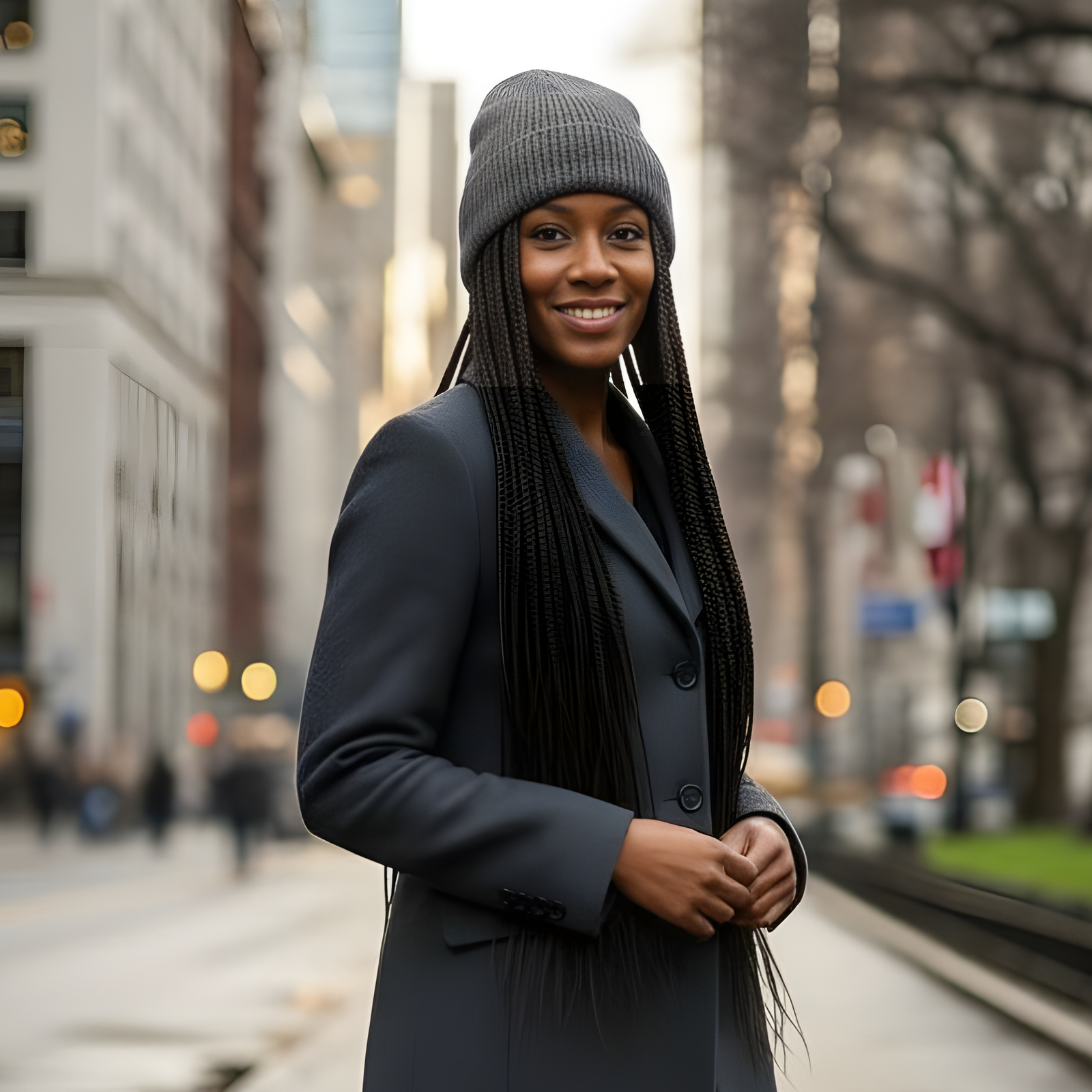 Woman in a dark coat and gray beanie standing on a city street.