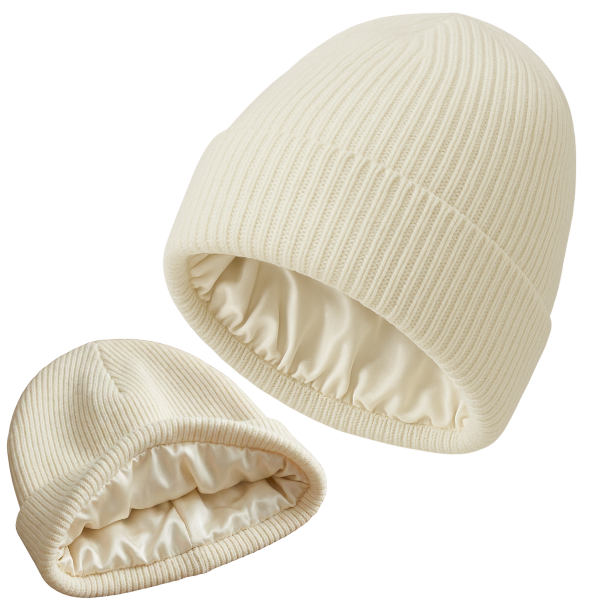 Two cream-colored knit hats on a white background