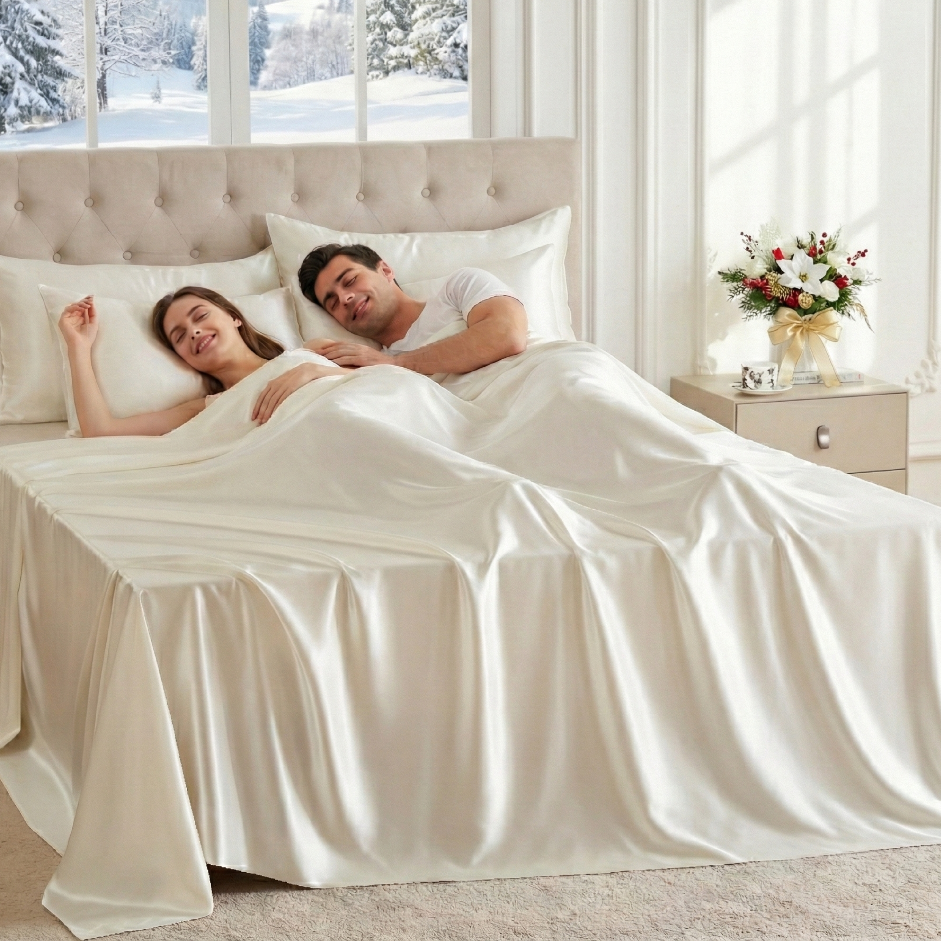 A couple sleeps together under cream-colored silk sheets in a bright bedroom with a winter scene outside the window.